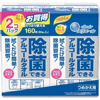 에리에루 제균 알코올 보틀 리필 80매×2P【보틀 교체】 다이오제지